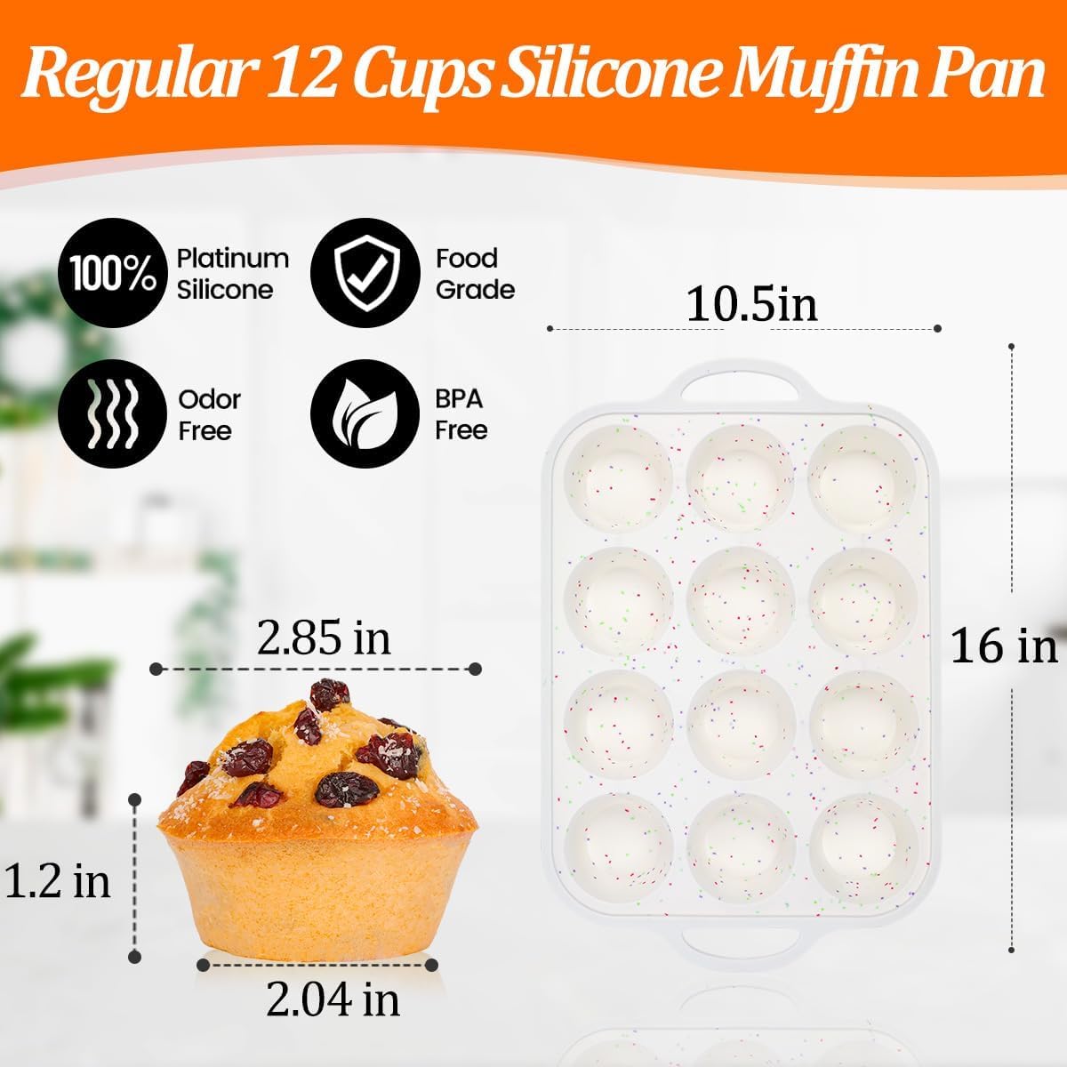 Silicone Muffin Pan, Metal Reinforced Frame Regular Size 2.8 Inch Cupcake Pan with Handle 12 Cups Nonstick Muffin Tray for Baking BPA Free 1 Pack Confetti