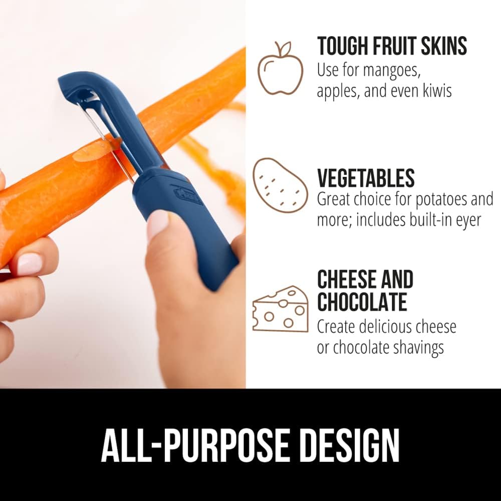 GORILLA GRIP Patented BPA-Free Sharp Stainless Steel Swivel Vegetable Peeler, Comfortable Handle Potato Peelers, Smooth Peeling, Peel Carrots Apple, Includes Blade Cover, Kitchen Tool, Blue