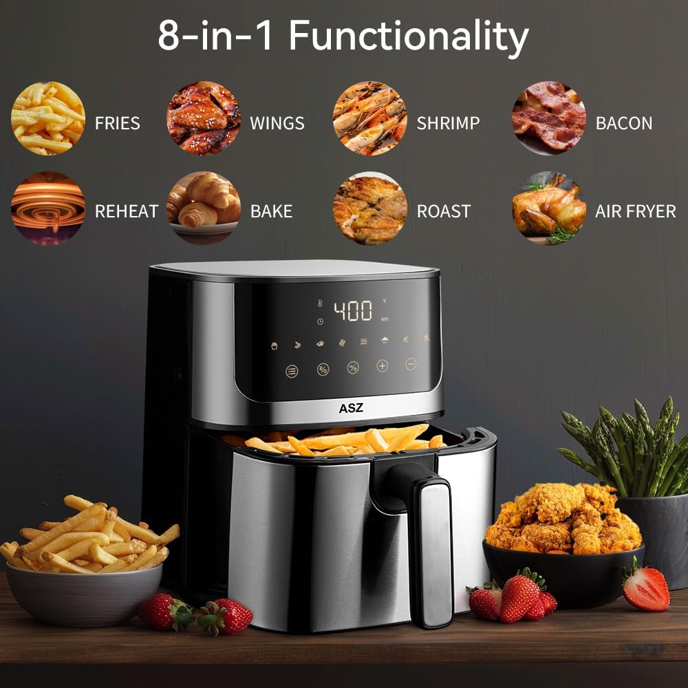 ASZ 5qt Air Fryer Digital for dorm office- Compact Airfryer Design for 2-3 people, 8 in 1 Presets Bake Toast Broil Reheat Bacon Fries Chicken Shrimp Non-Stick Kitchen Airfry Countertop Gift