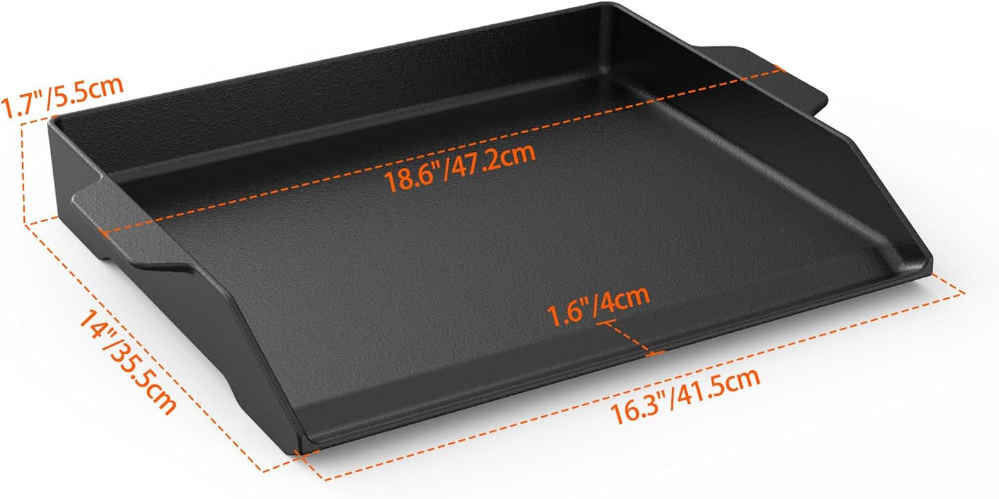 Onlyfire Universal Cast Iron Griddle for Gas Grills and Range Oven, Non-stick BBQ Flat Top Griddle with Handles for Outdoor Cooking, Tailgating, 18.6" × 14"