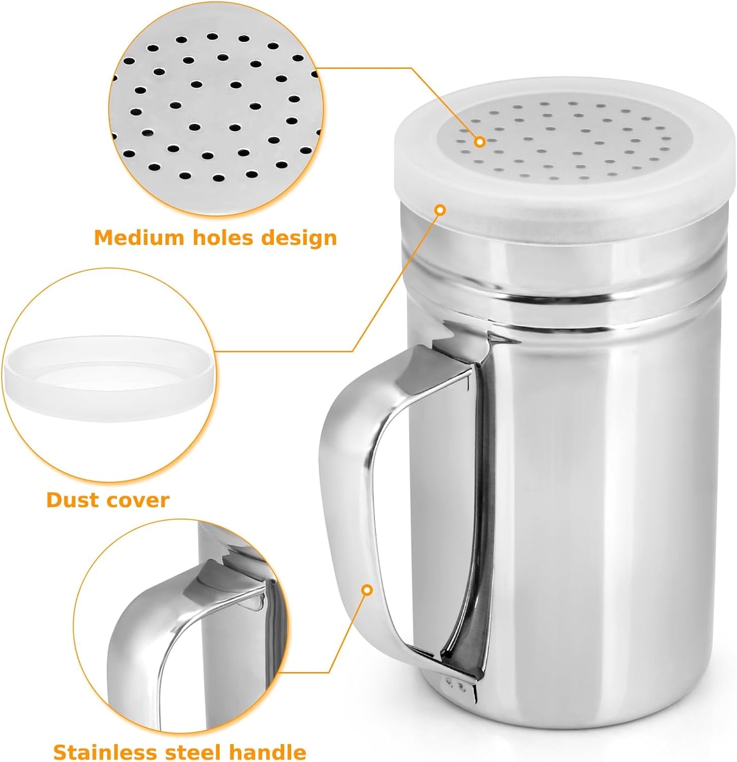 Accmor 2pcs Stainless Steel Dredge, Salt Pepper Dredge Shakers with Handle, Seasonings Spice Shakers with Lid, 14 Ounce