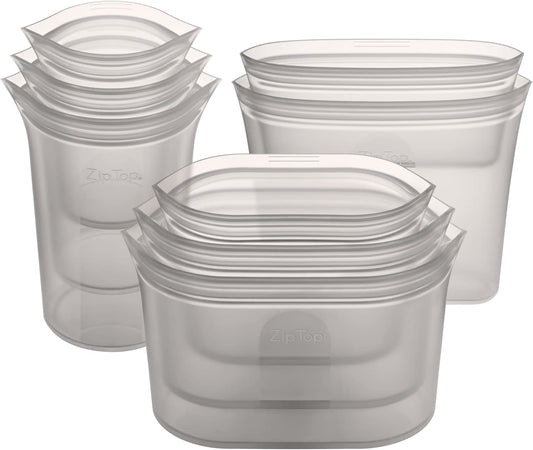 Zip Top Reusable Food Storage Bags | Full Set of 8 [Gray] | Silicone Meal Prep Container | Microwave, Dishwasher and Freezer Safe | Made in the USA