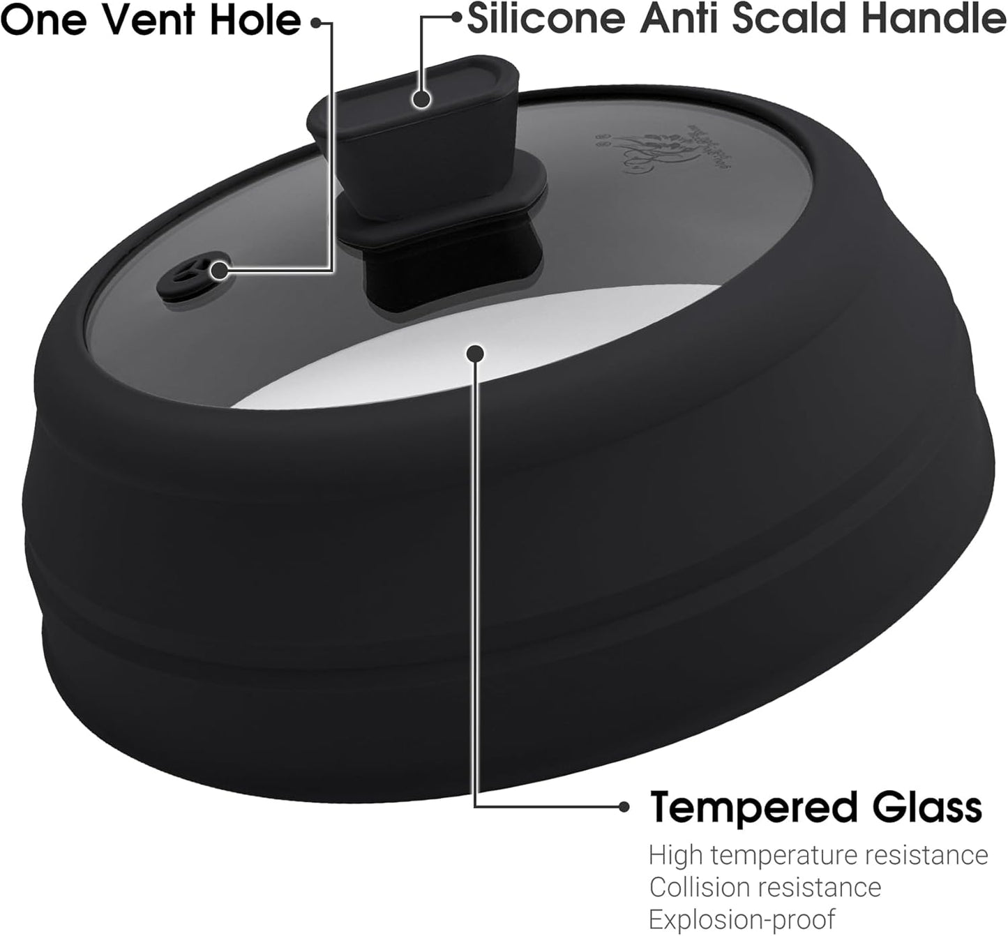 Microwave Splatter Cover Glass Microwave Cover for Food Collapsible Splatter Guard Lid with Silicone Handle for Pot Plate Bowl 9 Inch Black
