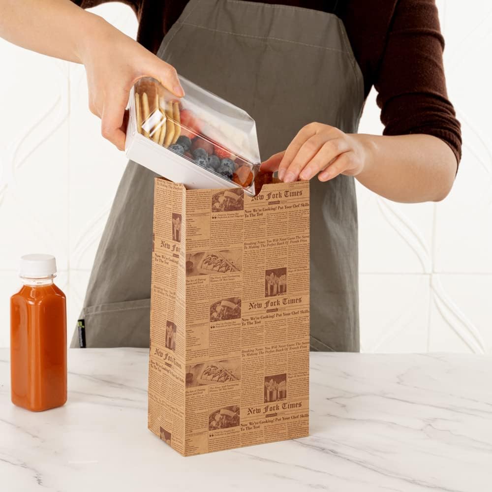 Restaurantware Bag Tek 8 Lb Disposable Lunch Bags 100 Sturdy Take Out Bags - Flat Bottom Microwavable Kraft Newsprint Design Paper Bags Freezable Great For Restaurants Cafes And Bakeries