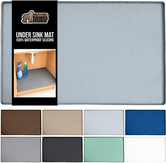 GORILLA GRIP Waterproof Silicone Under Sink Mat with Raised Lip for Kitchen and Bathroom, Cabinet Shelf Liner Stay in Place Mats Dishwasher Safe Drawer Liner, Organizer Tray, 19 x 34 in, Light Grey