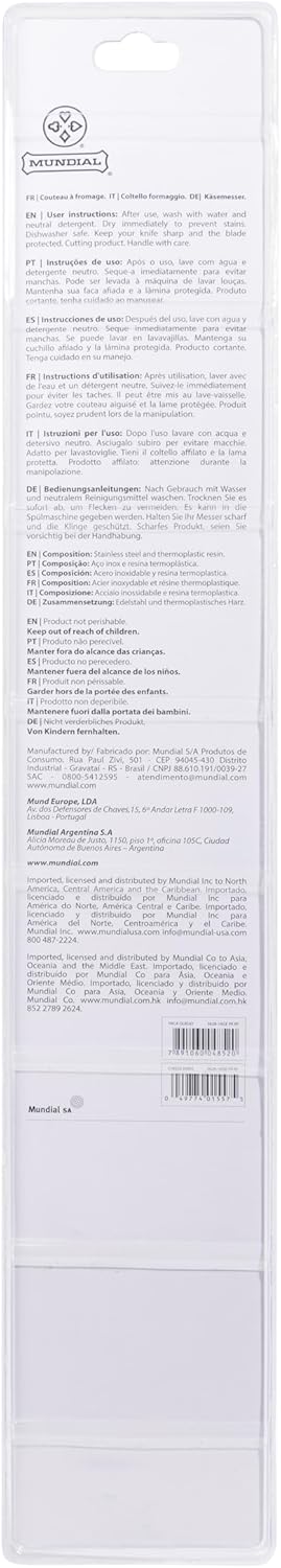 Mundial 16-Inch Carbon Stainless Steel Cheese Slicer Knife – Double Handle, Granton Edge for Non-Stick Cutting, Includes Safety Sleeve Protector, Ideal for Blocks of Cheese