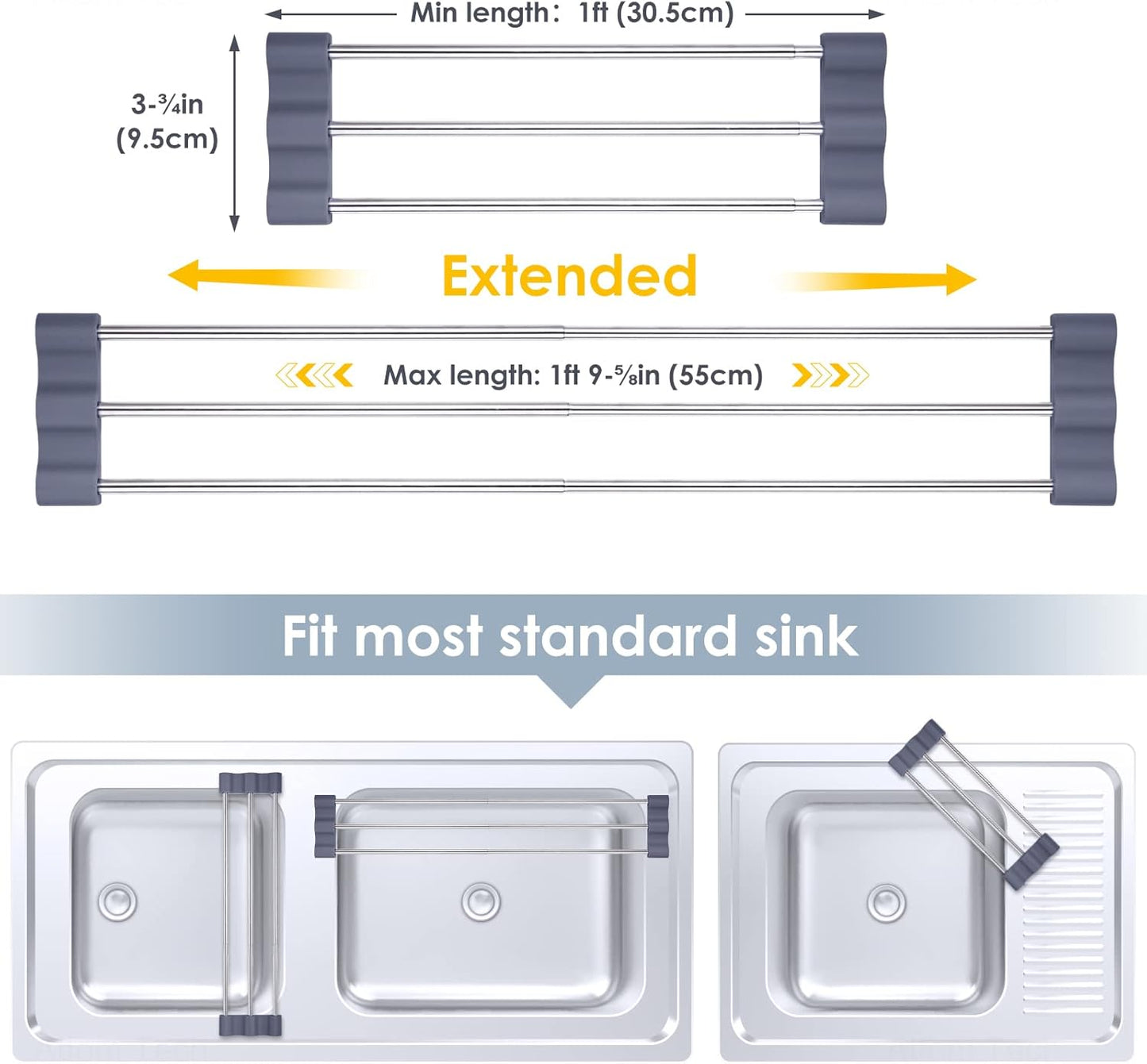 Tomorotec Adjustable Over-The-Sink Kitchen Rack for Dishcloths, Sponges, Bottles and Brushes - Heat-Resistant Stainless Steel with Slim, Expandable Design and Multifunctional Silicone Holder