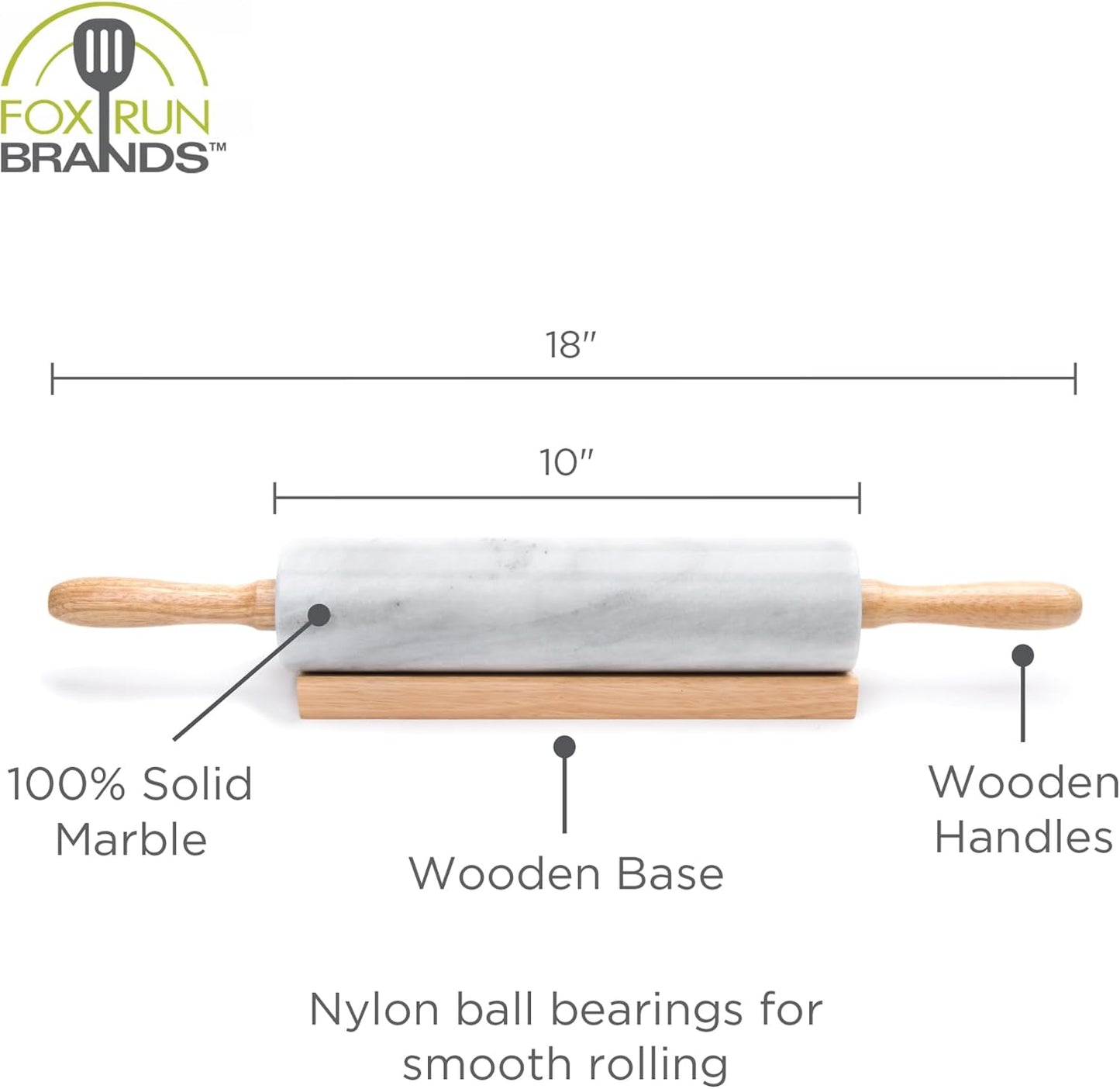 Fox Run Polished Marble Rolling Pin with Wooden Cradle, 10-Inch Barrel, White