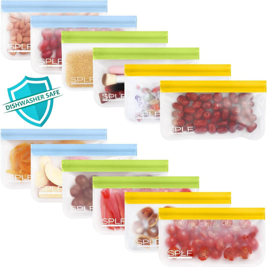 SPLF 12 Pack Dishwasher Safe Reusable Snack Bags, BPA Free Storage Bags, Extra Thick Leakproof Freezer Bags Silicone and Plastic Free Lunch Bags Food Storage