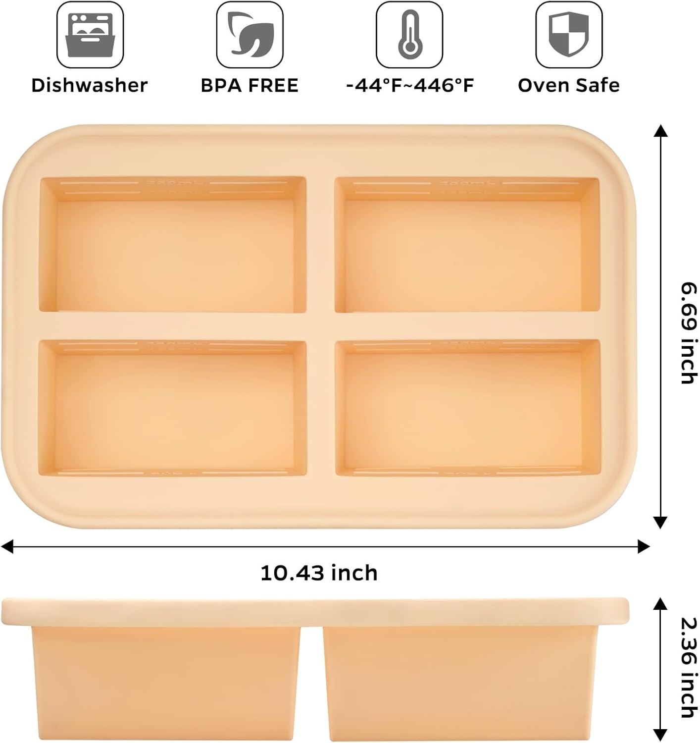 Super Ice Cube Tray 1 Cup X 4 Portions Big Silicone Freezing Mold with Lid, for Soup&Meal, Prep Food Leftovers Freezer Storage Container, 2Pack