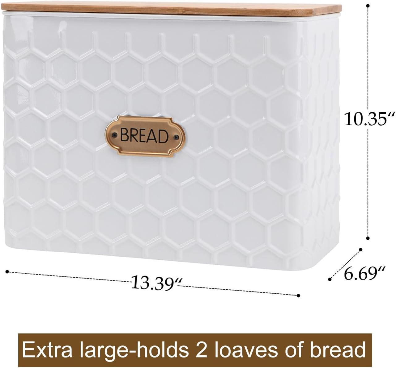 NIKKY HOME Extra Large Space Saving Farmhouse White Bread Box With Bamboo Lid - Holds 2 Loaves - Vertical Breadbox Bread Storage Bin Holder for Kitchen Countertop, Honeycomb Embossed Pattern