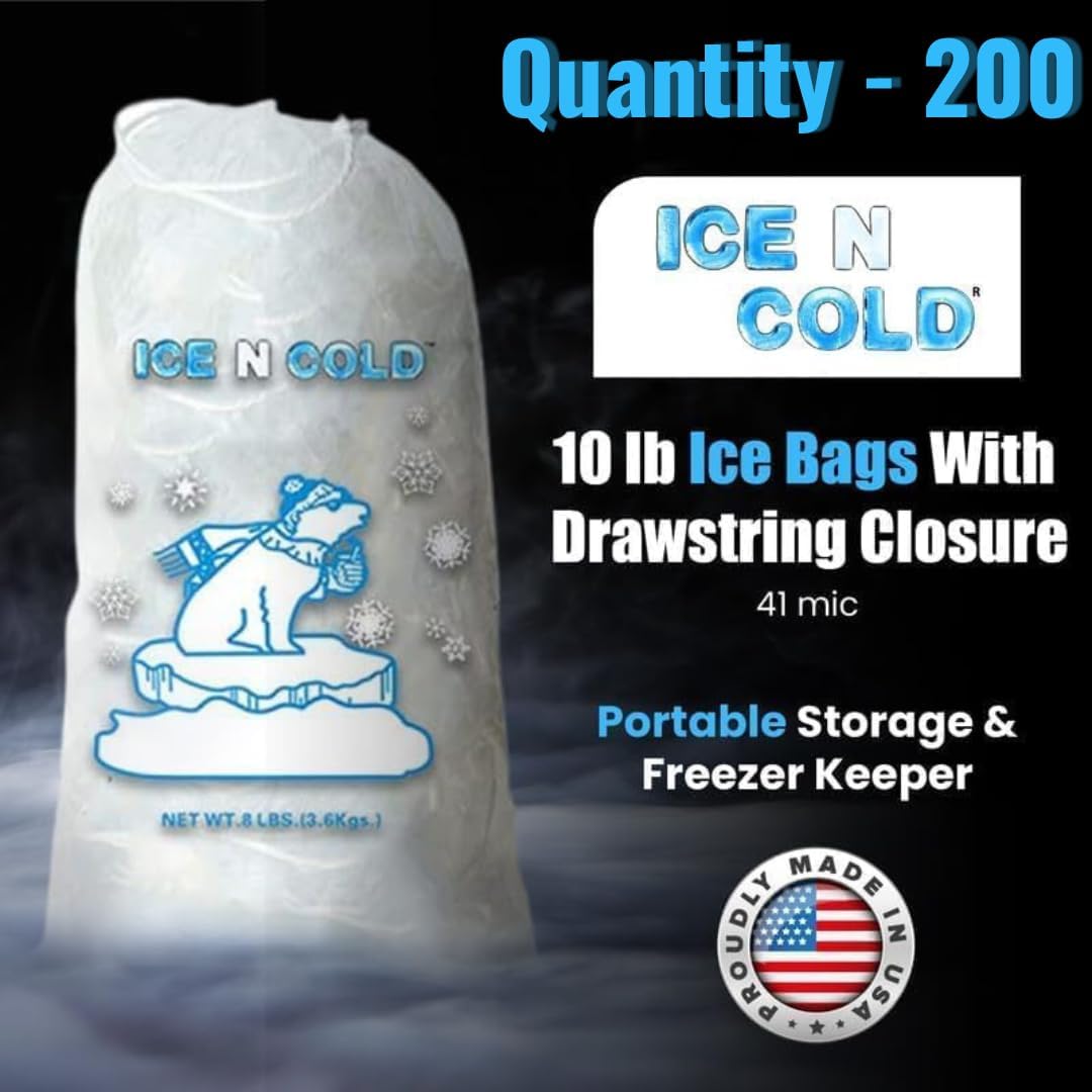 Ice Bags with Drawstring Closure | 10lb, 200ct/cs | 41 mic Thickness | Portable Storage and Freezer Keeper
