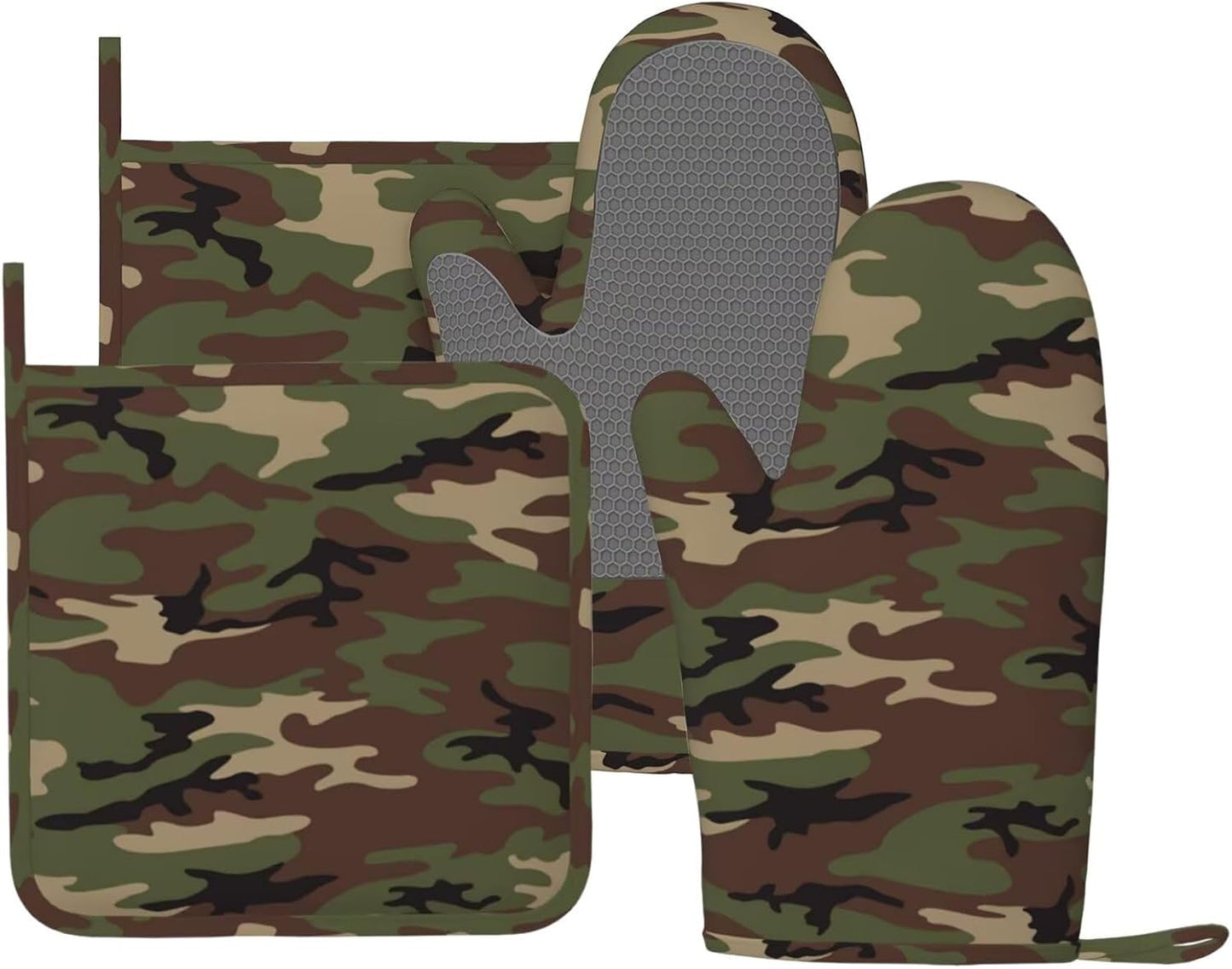 Camouflage Oven Mitts and Pot Holders Set of 4 Silicone Camo Kitchen Mitten Gloves and Non-Slip Potholders Set Heat Resistant Oven Gloves Hot Holders for Kitchen