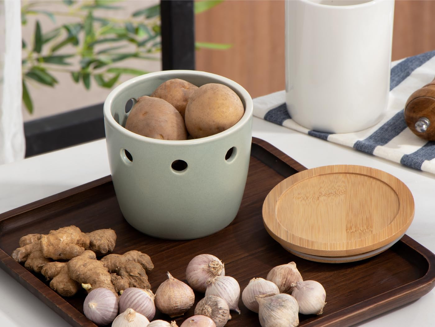 ONEMORE Large Garlic Keeper with Lid, Ceramic Garlic Saver 5 inch, Garlic Keeper for Counter, Light Green