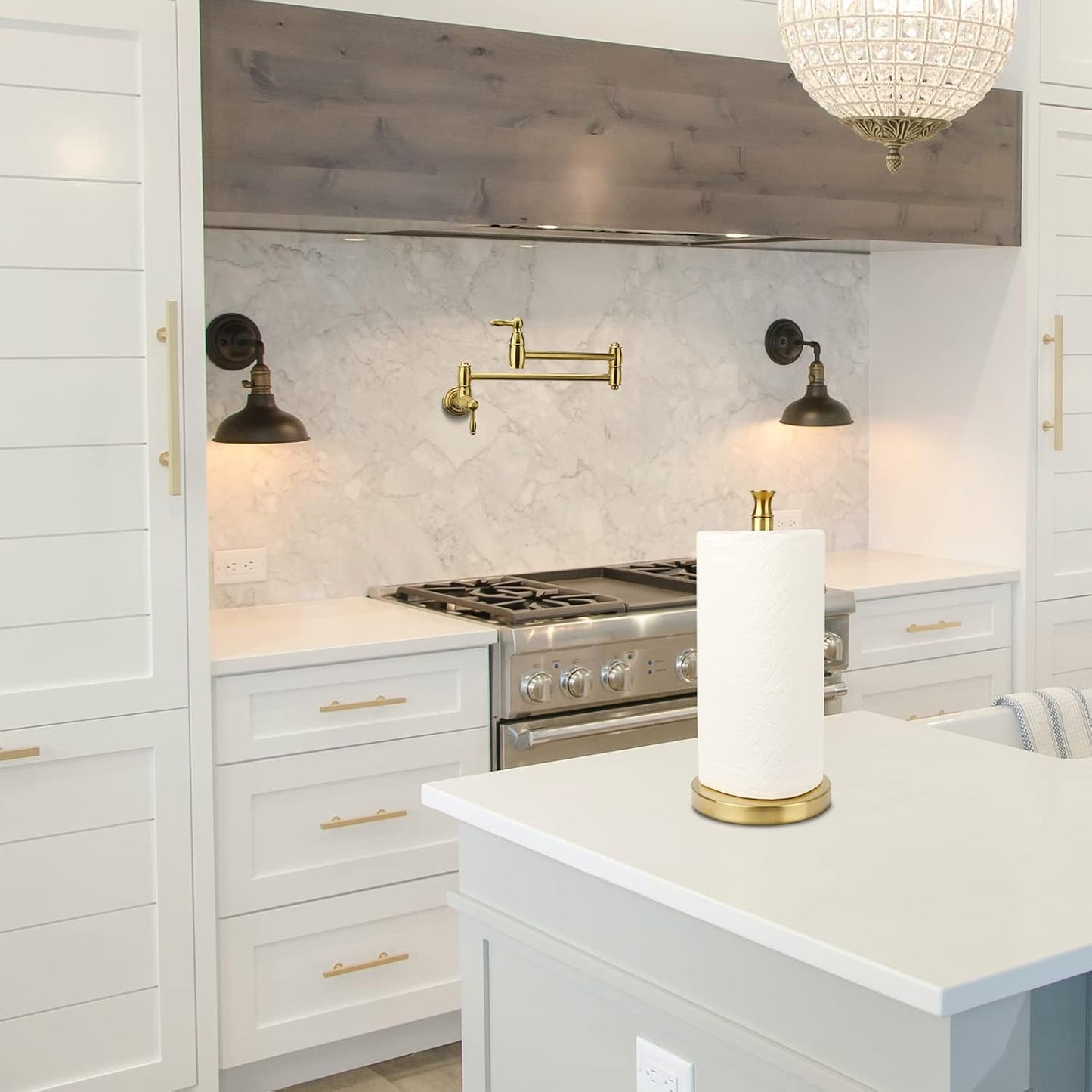 Akicon Paper Towel Holder Stand for Kitchen Countertop & Dining Room Table (Brushed Gold Brass Paper Towel Holder Stand, Modern)