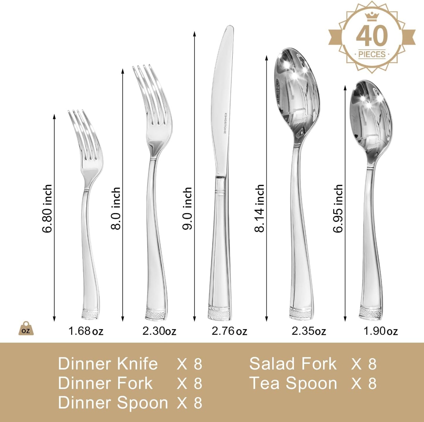 KINGSTONE Silverware Set, 40-Piece Flatware Set for 8, 18/10 Stainless Steel Cutlery Set with Bead Edge, Utensil for Kitchen, Home, Party, Wedding, Mirror Polished, Dishwasher Safe, Featured Gifts