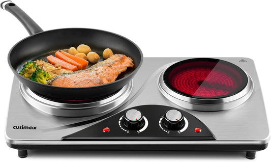 Hot Plate, CUSIMAX Electric Double Burner, Portable Ceramic Infrared Cooktop, Dual Control Cooking Stove, Heat-Up in Seconds, Compatible for All Cookwares, Silver
