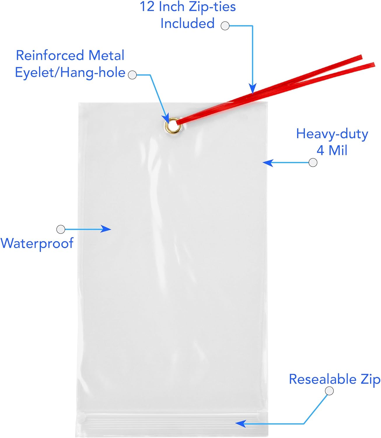 GPI - 10" x 13" Reclosable Zip Bags with Bottom Hang-hole & Pre-inserted 12" Twist-tie. 4 Mil Heavy-duty Resealable Zipper Baggy with Grommet/Metal Eyelet for Hanging (Insert Size 10x11.5) 100 Pack