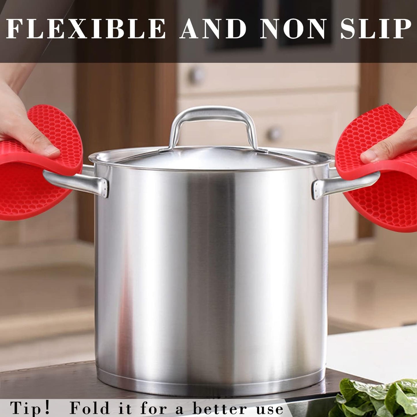 Silicone Trivets for Hot Pots and Pans - 4PCS Heat Resistant Oversized Silicone Pot Holders Hot Pads for Kitchen, Multipurpose Round Trivet Mat, Spoon Holder & Jar Opener, Drying Mat（Red）