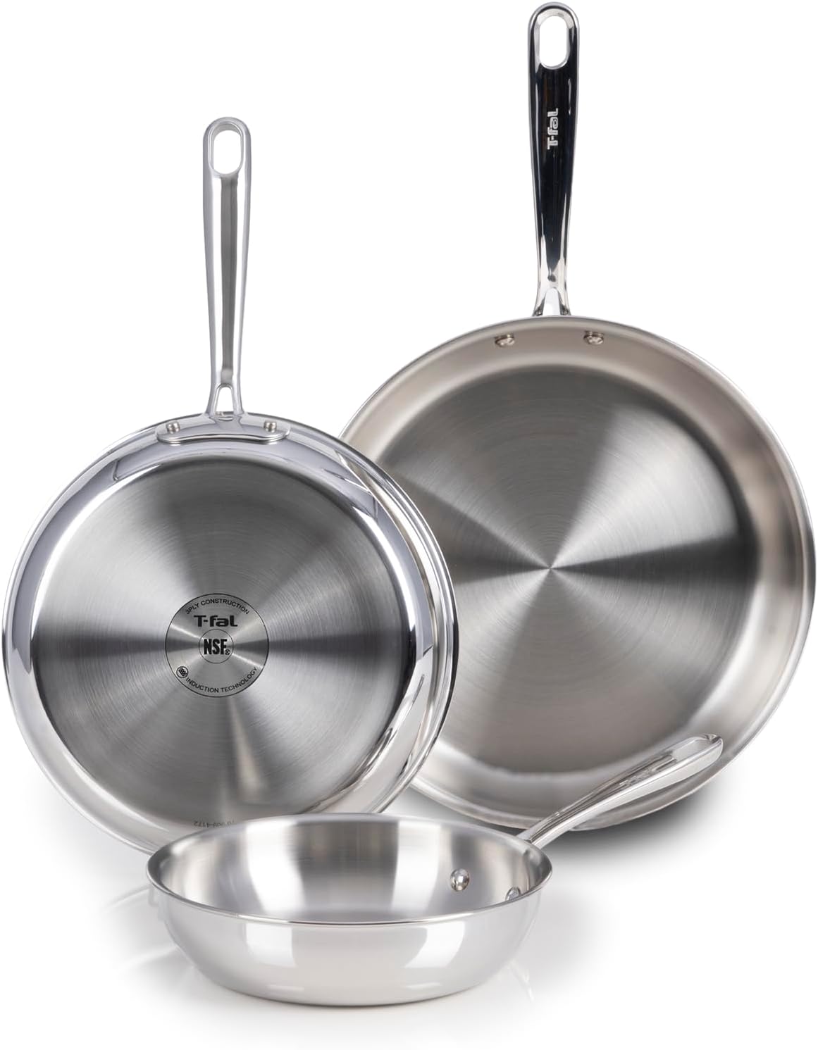 T-fal Pro Tri-Ply Stainless Steel Cookware, 3 Piece Frypan Set, 8 inch, 10 inch, and 12 inch, Silverr
