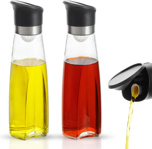Premium Glass Olive Oil and Vinegar Dispenser Bottles Set, 2-Piece Kitchen Cooking Cruet with Auto-Open Lid, Non-Drip Pouring Spout, Oil Infuser Filter, Dishwasher Safe (Black 16oz)