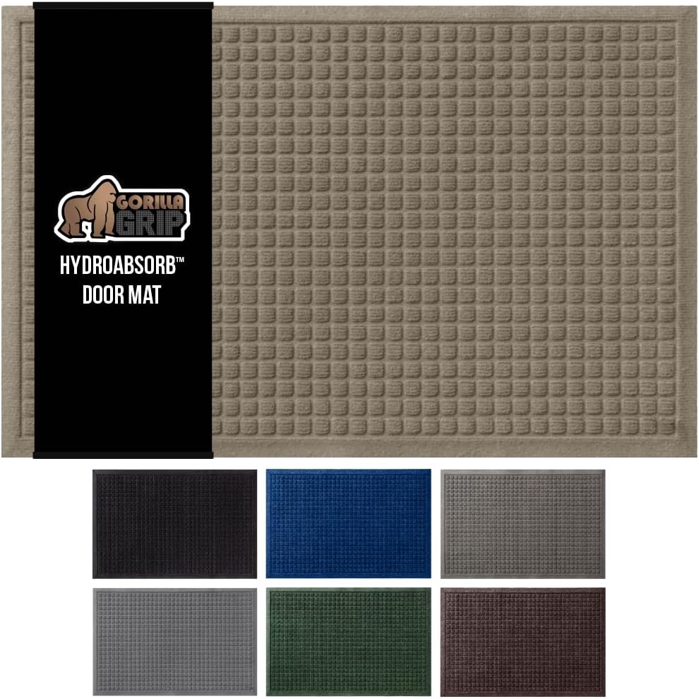 GORILLA GRIP Front Door Mat, Indoor Outdoor Ultra Absorbent HydroAbsorb Doormat, Absorbs Up to 1.7 Cups of Water, Stain and Fade Resistant, Rubber Backing Doormats, Captures Dirt, 29x17 Beige