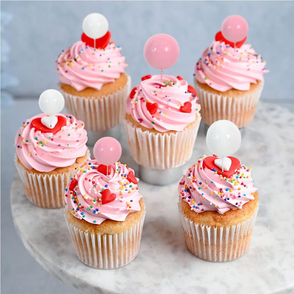 BEISHIDA 27 PCS Pink and White Ball Cake Topper Mini Balloons Cake Toppers Foam Ball Cupcake Toppers Happy Birthday Cake Insert Pick DIY for Anniversary Wedding Cake Decorations Baby Shower Party