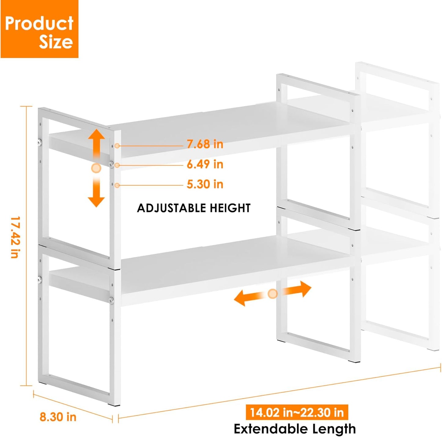 DOLALIKE Expandable Kitchen Countertop Organizer, Stackable Cabinet Shelf Organizers, Space Saving Spice Rack Pantry Storage for Bathroom Office Organization (White, 2-Tier)