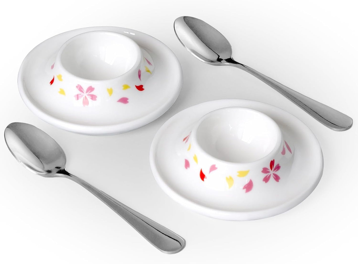 Cinf Ceramic Sakura Egg Holder Set of 2 Porcelain Holder With 2 Stainless Steels Egg Spoons Breakfast Boiled Cooking Easy to Clean Childhood Memories Kitchen