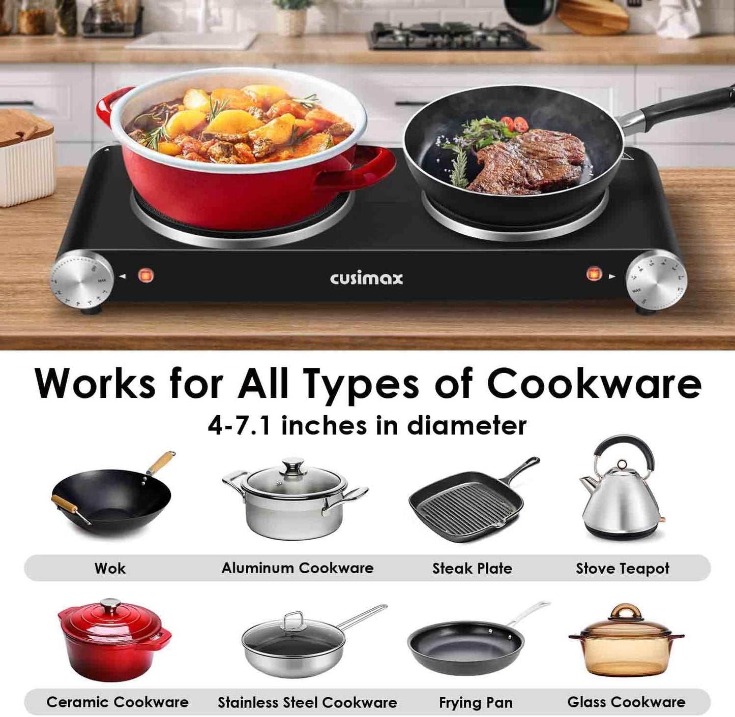 Cusimax Hot Plate for Cooking 1800W Portable Electric Double Burner Countertop Cooktop Cast Iron Stove Heating Plate with 7 Power Levels Adjustable Temp Control, Compatible for All Cookwares