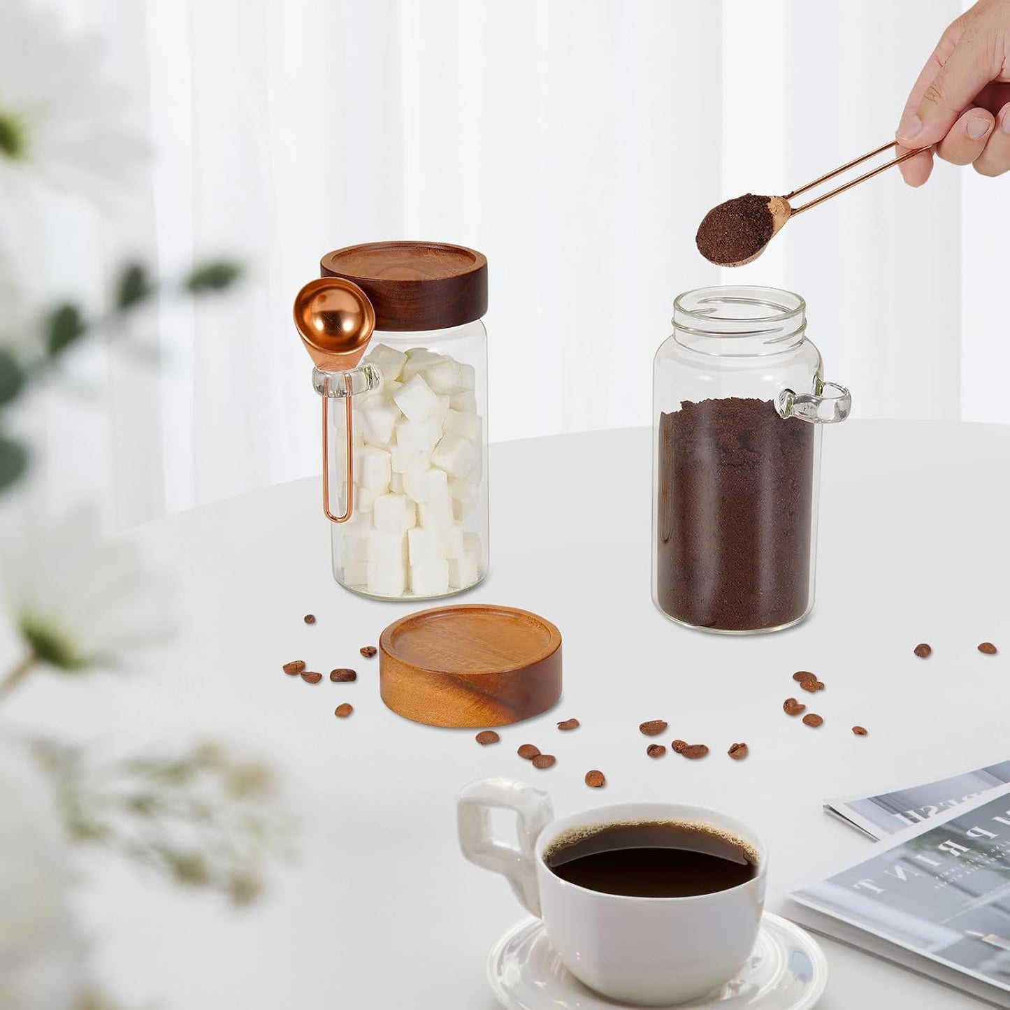 Glass Jars with Spoons Sugar Coffee Canister Round Glass Food Storage Jar for Spice Pantry Tea Coffee Bean Salt (2×550ml(18oz))