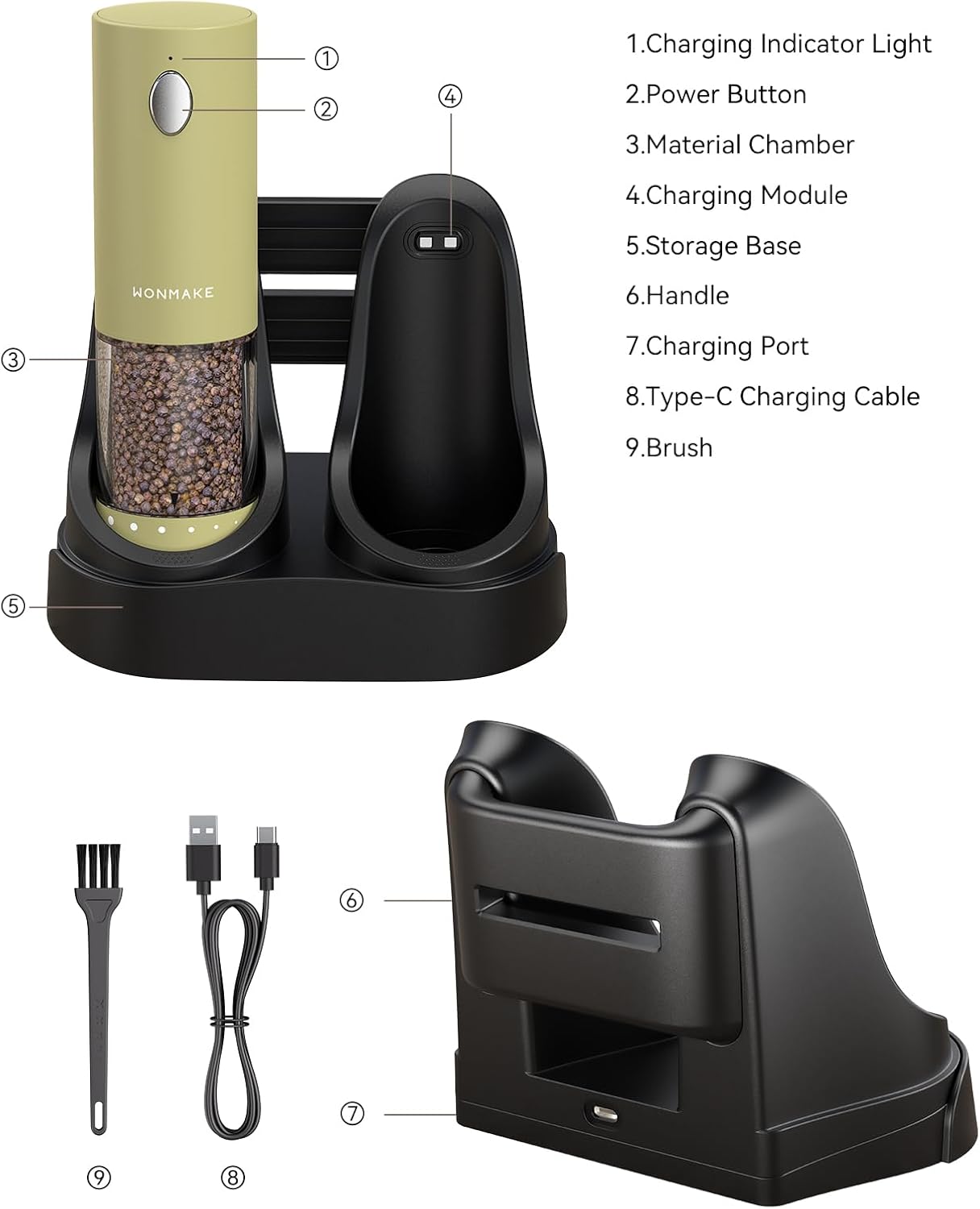 Electric Salt and Pepper Grinder Set - Automatic Refillable Salt and Pepper Grinders with Charging Base & LED Light, 6-Level Adjustable Coarseness with External Dial, Ideal Kitchen Gadget，Green