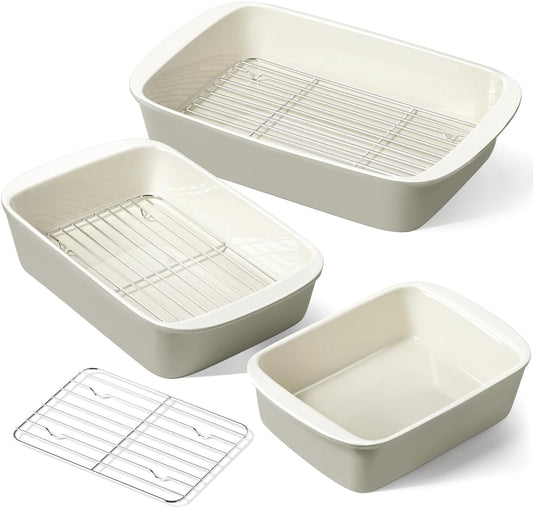 LE TAUCI Deep Casserole Dishes for Oven, 13.7”x9.6” Ceramic Baking Dish Set with Roasting Racks, Large Lasagna Pans with Handles, Rectangular Bakeware as Gift for Mom, Oatmeal Greige (4.6QT/3.0QT/1.6QT), Set of 3