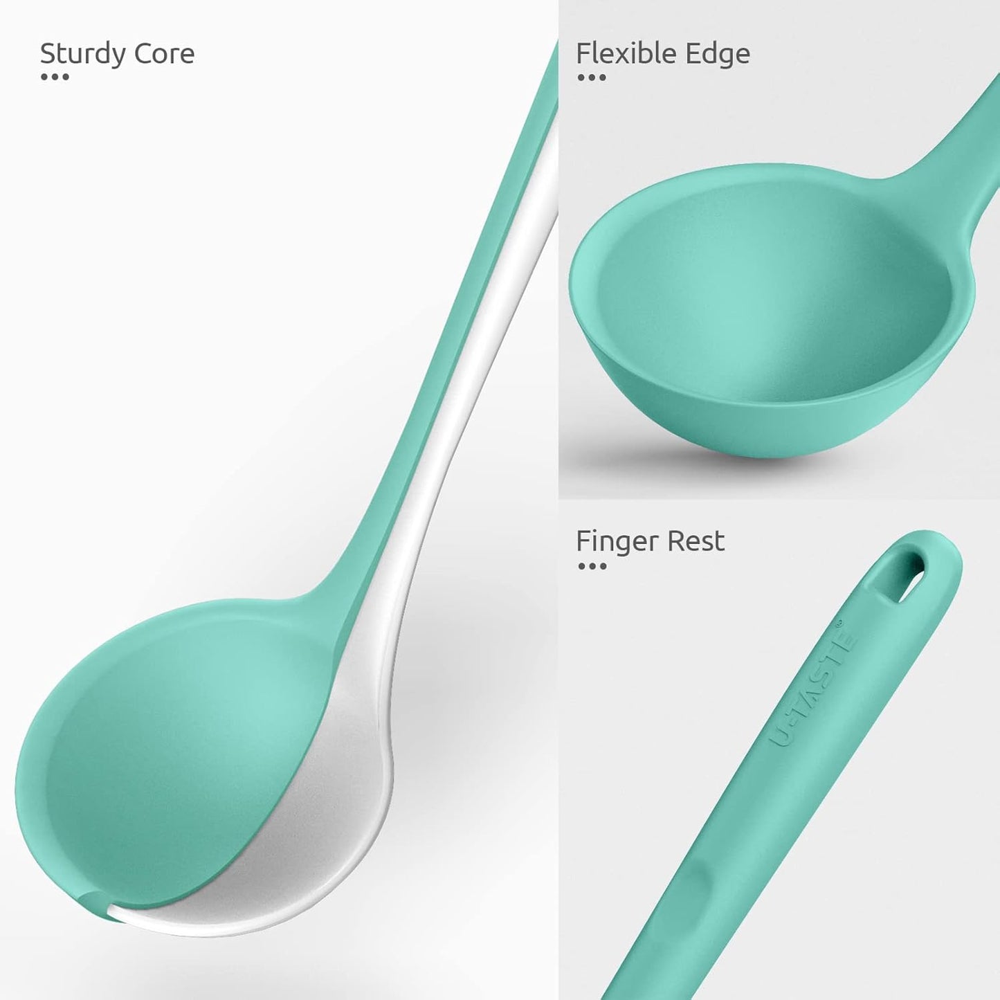 13 inch Silicone Soup Ladle: U-Taste 600ºF Heat Resistant 4 oz Large Non-stick Seamless Rubber Kitchen Deep Serving Spoon with Non-slip Solid Long Handle for Cooking Sauce/Stews/Gravies (Aqua Sky)