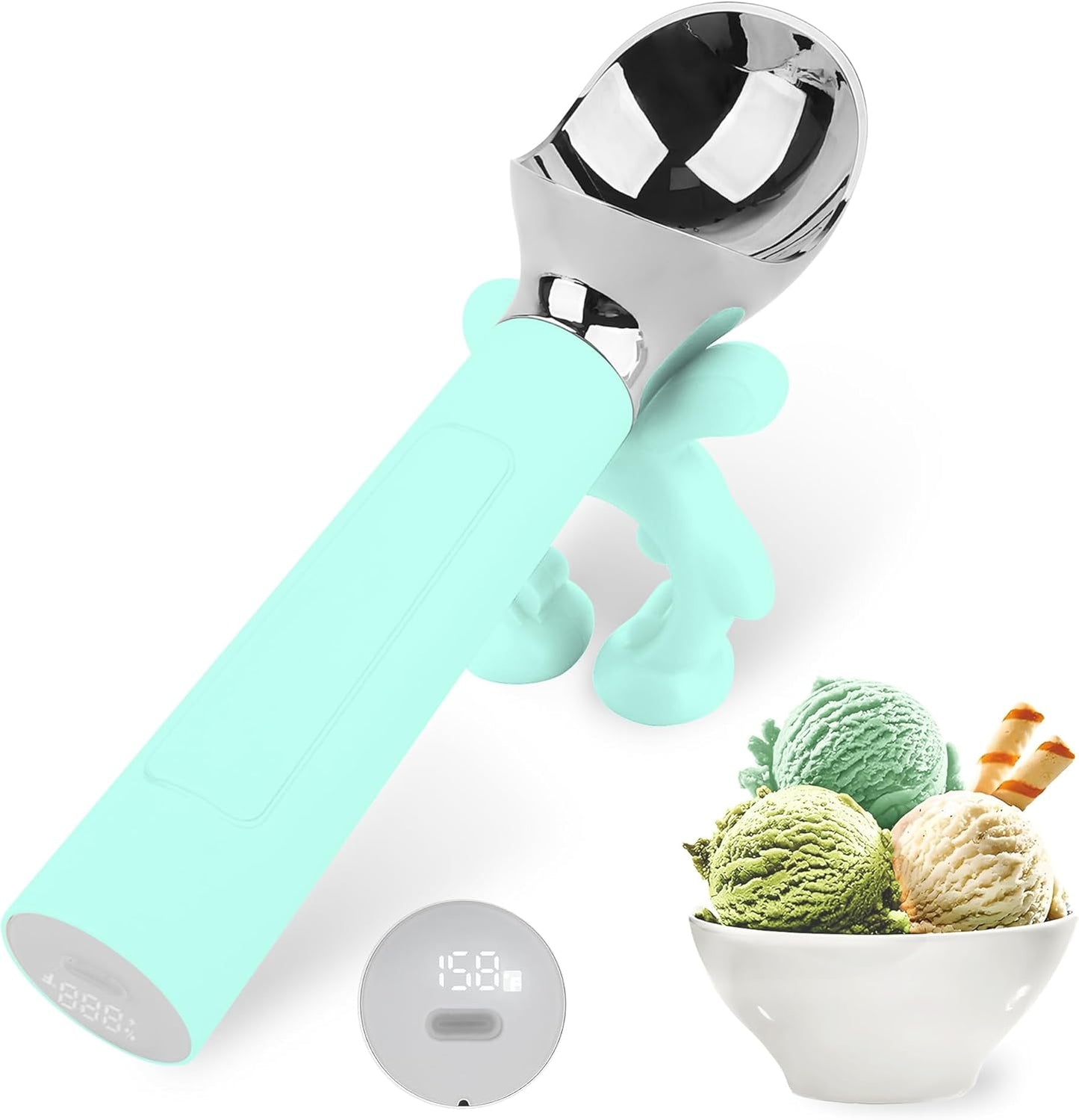 NEWEST Heated Ice Cream Scoop, Rechargeable Electric Warming Scooper with LED Display, Heats to 158°F for Hard Ice Cream, IP67 Waterproof, Easy for Seniors & Kids (Blue)