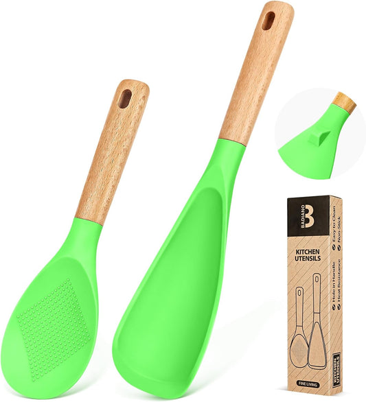 Cooking Spoon and Rice Scooper for Nonstick Cookwares, Great for Cooking and Serving Sturdy BPA-Free Matte Silicone, Wood Handle Spoon for Mixing, Scoop, and Scrape (Apple Green)
