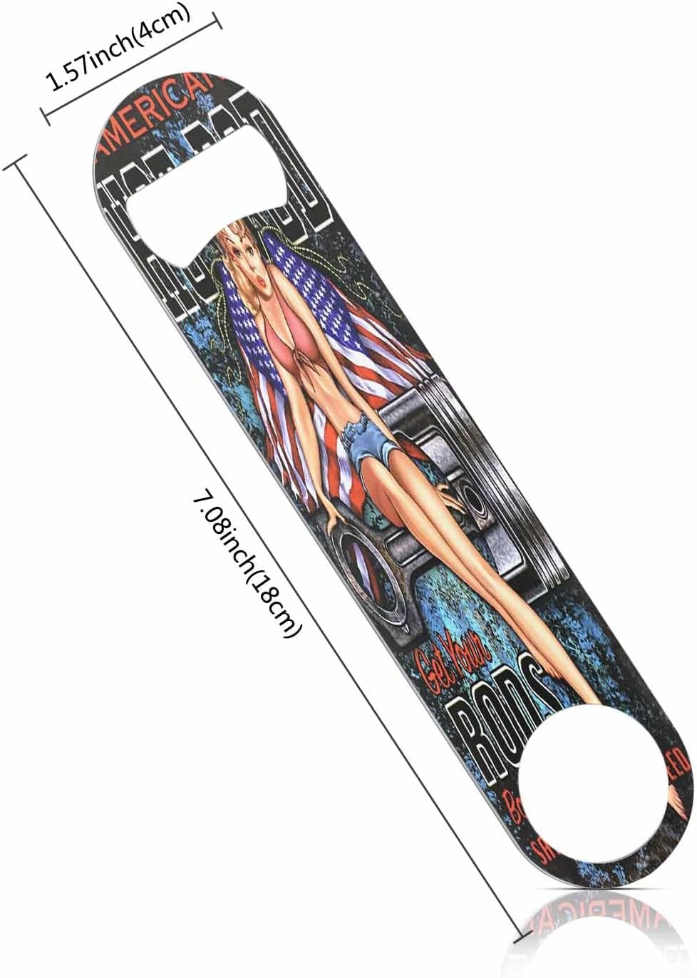 Hot Rod Pin Up Girl Stainless Steel Bottle Opener Young Sexy Woman Sit on Rods with American Flag Flat Beer Bottle Opener Keychain for Home Kitchen Bar Restaurant Party Birthday Gift