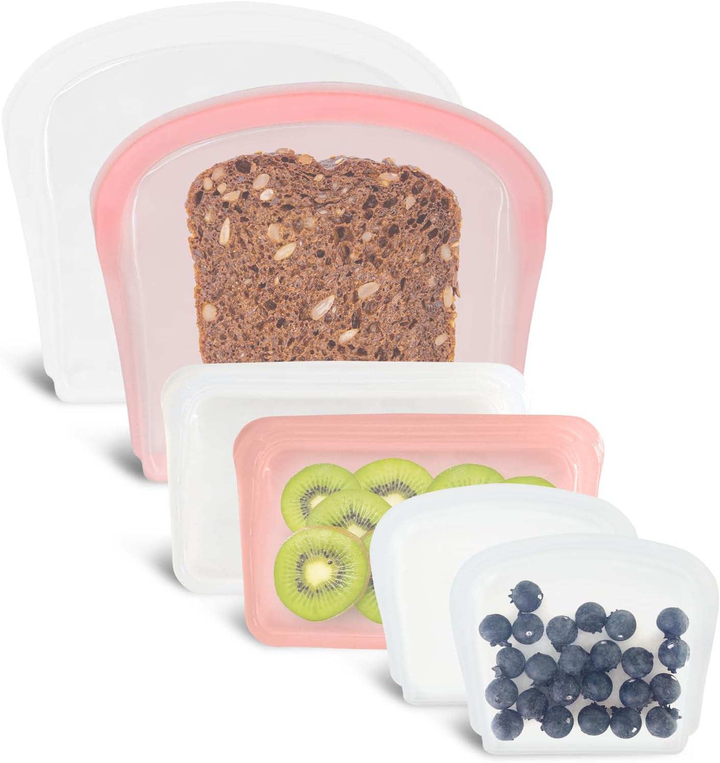 Reusable Silicone Storage Bag, 6Pack Pocket, Snack, and Sandwich Bag, Endurables Seal-Top Silicone Bags for Food Storage, Freezer, Microwave, Oven, Dishwasher Safe (Clear & Rose Quartz)