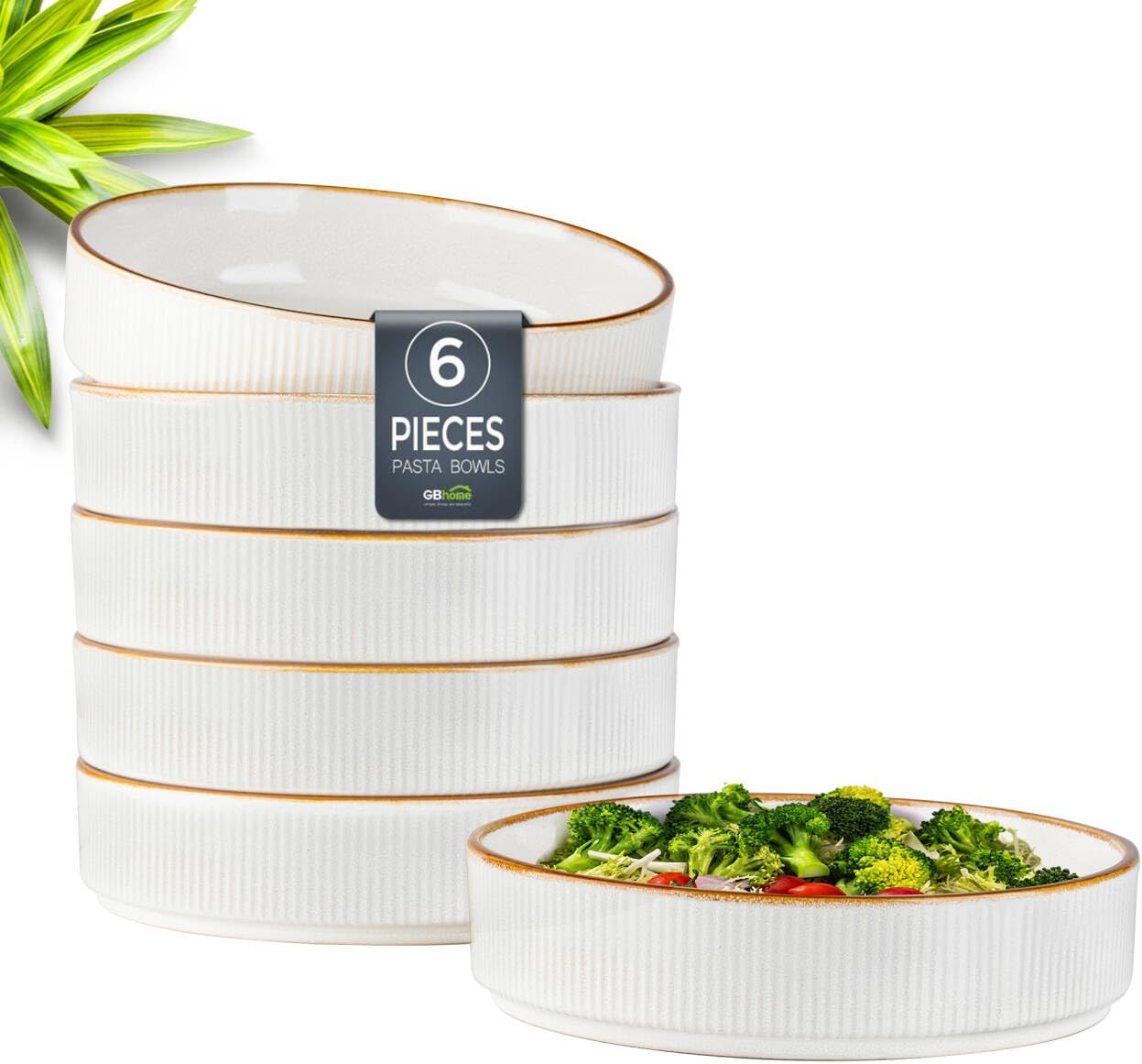 GBHOME 7.5'' Stoneware Pasta Bowls, Serving Bowls Set of 6 for Kitchen, Double Reactive Glaze Bowls for Fruit,Pasta,Salad,Oatmeal,Meal, Microwave Safe (6 pcs)