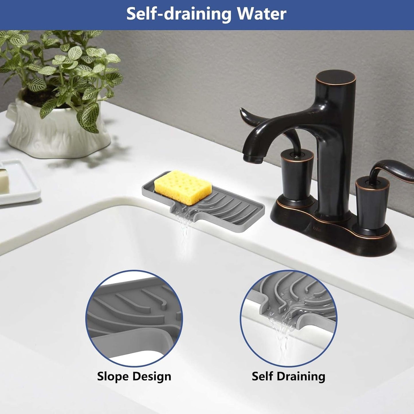 Silicone Sponge Holder for Kitchen Sink With Drain Spout, (Gray, 10×4) Self Draining, Kitchen Soap Tray, Bathroom Organizer, Sink Caddy, Perfect for Dispenser, Scrubber, Bottle, Cup on Counter