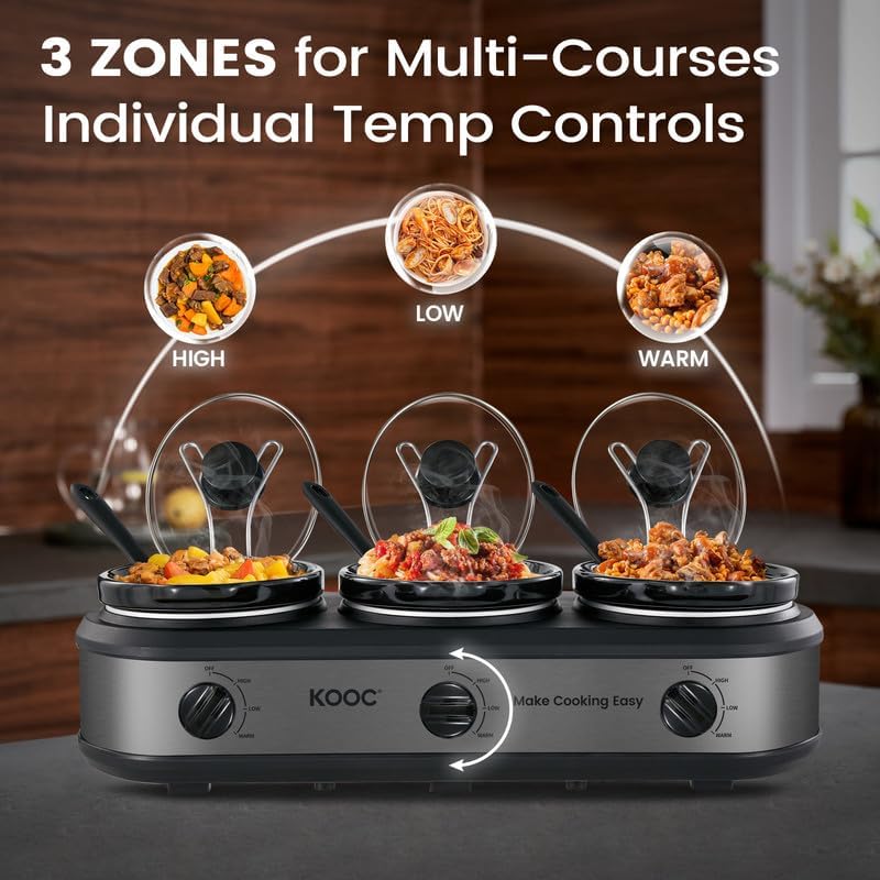 KOOC Triple Slow Cooker Buffet Server and Food Warmer 3x1.5 Quart Individual Temp Control With Lid Rests & Spoons With Liners Included Grey