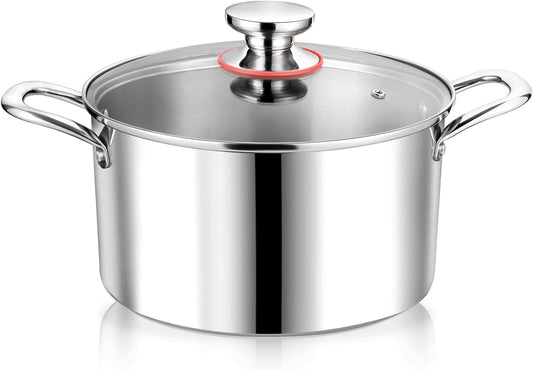 P&P CHEF 4 Quart Tri-Ply Stainless Steel Stock Pot, 4 Qt Stockpot Pasta Cooking Pot with Visible Lid for Soup Vegetable, Induction Cookware for All Stoves, Sturdy & Double Handle, Dishwasher Safe