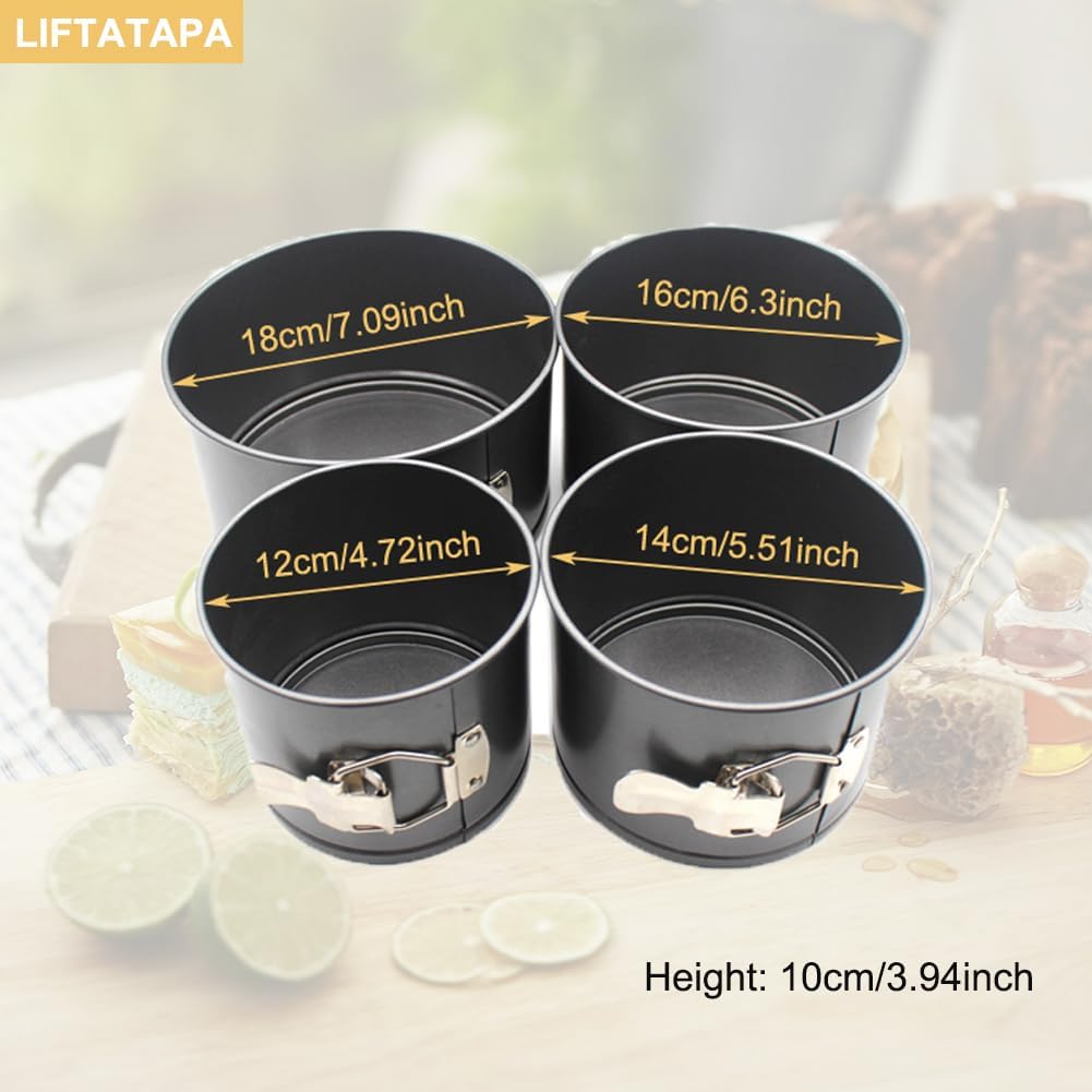 4Pcs Springform Pan (4inch, 5inch, 6inch, 7inch), Non-stick Cake Tin for Baking, Detachable Bottom Carbon Steel Cheesecake Mold Deep Dish Pans Round Cake Molds(Black)