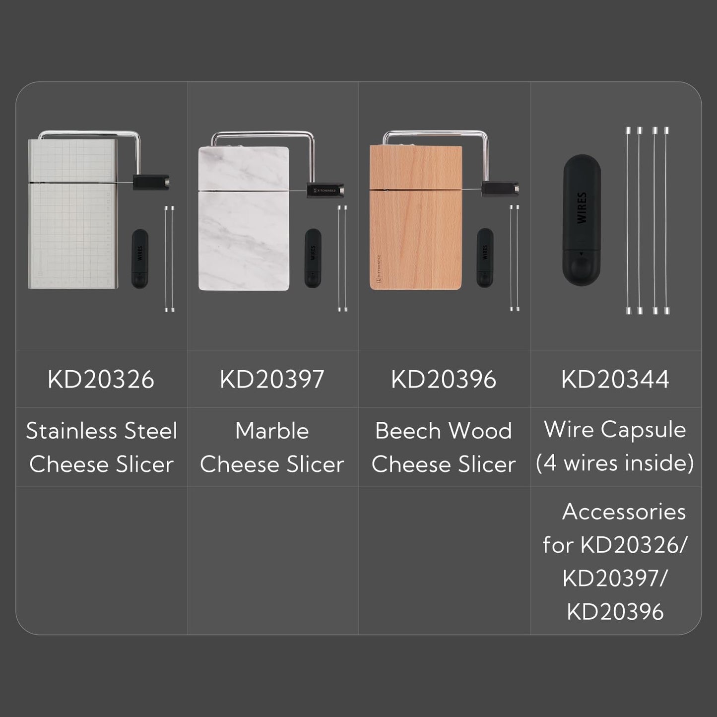 KITCHENDAO Replaceable Wire Cheese Slicer with Board, Tightness Adjustable Cheese Slicer, Marble Cheese Cutter for Block Cheese, Easy to Replace, with 2 Extra Upgrade Strong Wires