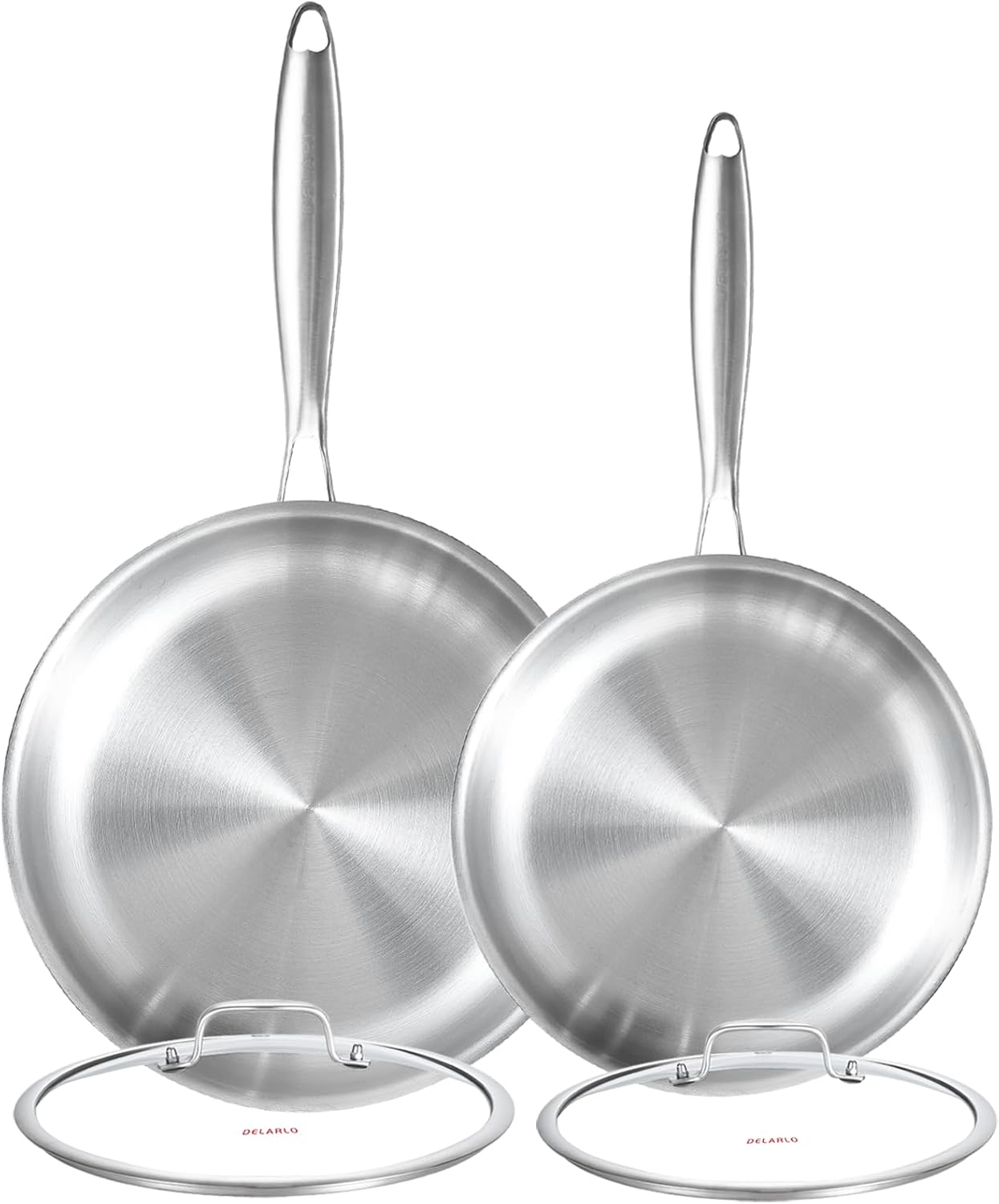 DELARLO Tri-ply Stainless Steel Frying Pan Set with Lid 8" 10" Induction large Skillets Chef's Pan,Pots and Pans Set Kitchen Cookware Set Suitable for All Stove