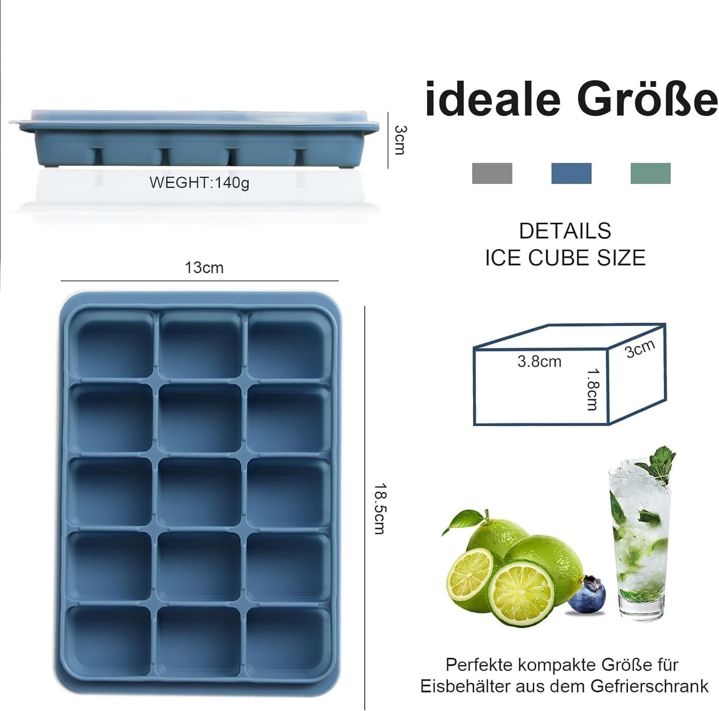 Ice Cube Trays Set of 3, Easy Release 15 Flexible Silicone Ice Cube Molds with Removable Lid Reusable Freezer Ice Trays Stackable for Whiskey, Blue*3