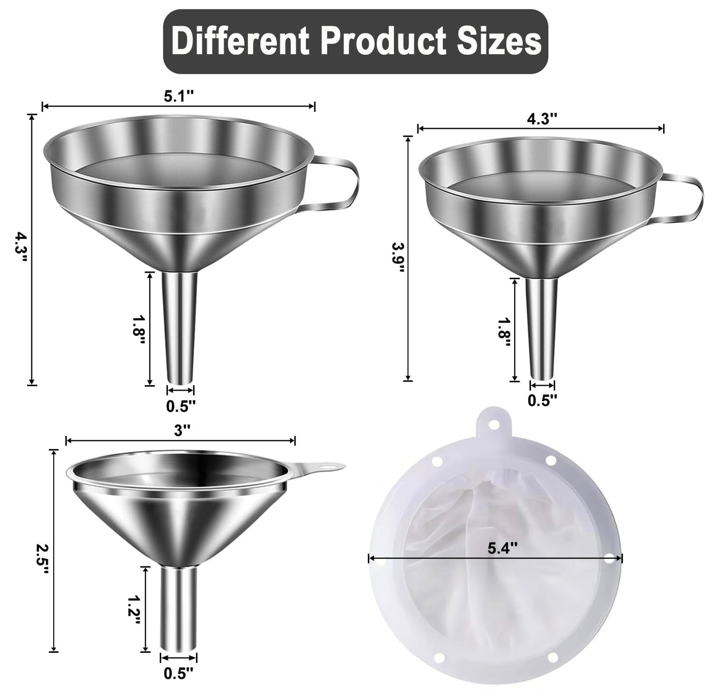 Stainless Steel Funnels for Kitchen use,3PCS Large Kitchen Metal Funnel with 2 Removable Strainer,Cleaning Brush,200 Mesh Food Filter,Funnel for Filling Bottles,for Transferring of Liquid,Oils,Jam