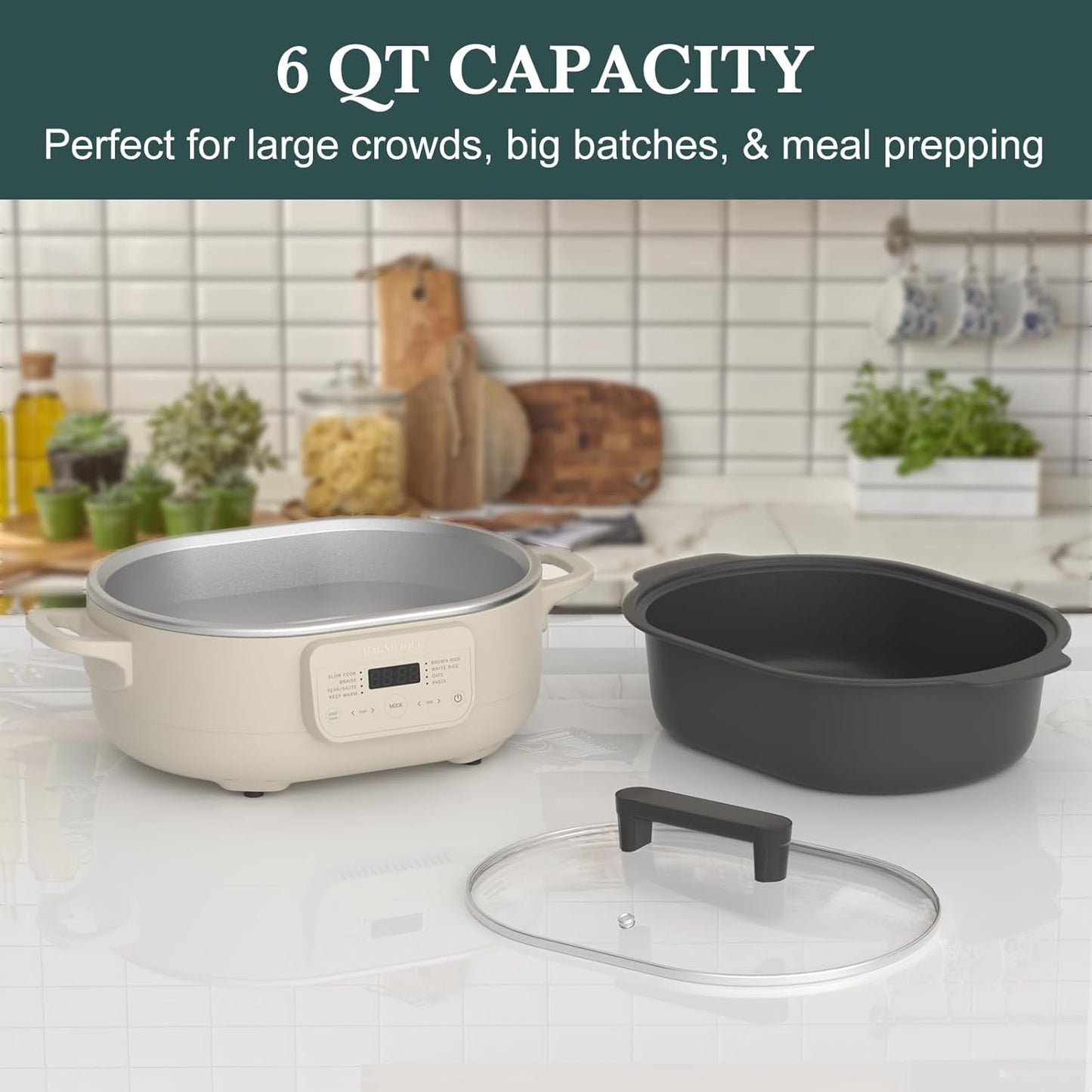 6 Quart Slow Cooker, with 8-in-1 Multi-Cooker, Casserole Programmable crock pot, Dutch Oven, Pasta, Nonstick, Oven Safe Pot to 500°F, Oatmeal