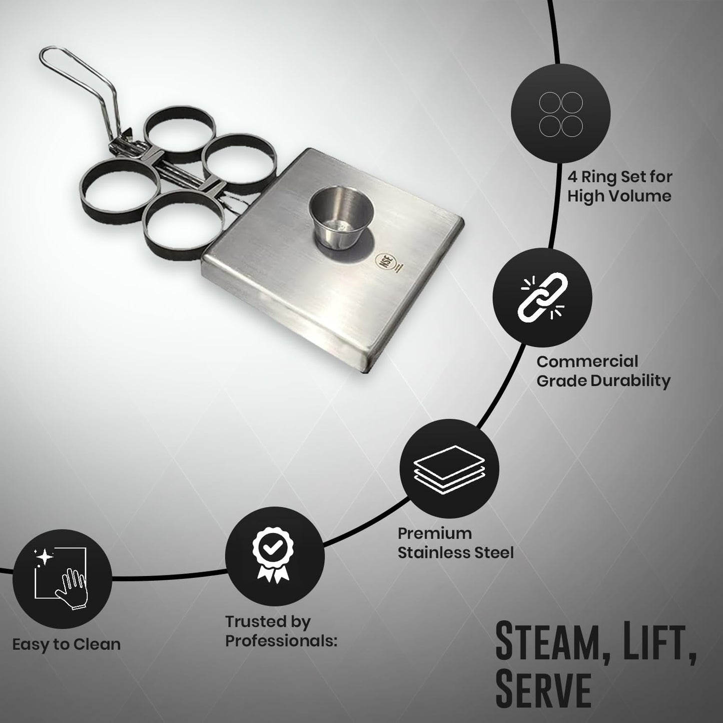 Rattleware Stainless Steel Egg Rings - Commercial-Grade, Even Cooking, Heat-Resistant Handle, Ideal for Frying Eggs - Durable & Trusted by Professional Chefs Worldwide (4 Ring Set)