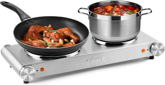 CUSIMAX Double Burner, Electric Hot Plates for Cooking, 1800W Double Hot Plate, Portable Electric Stove, Countertop Burners with Cast Iron Heating Plates, Works with All Cookwares, Upgraded Version